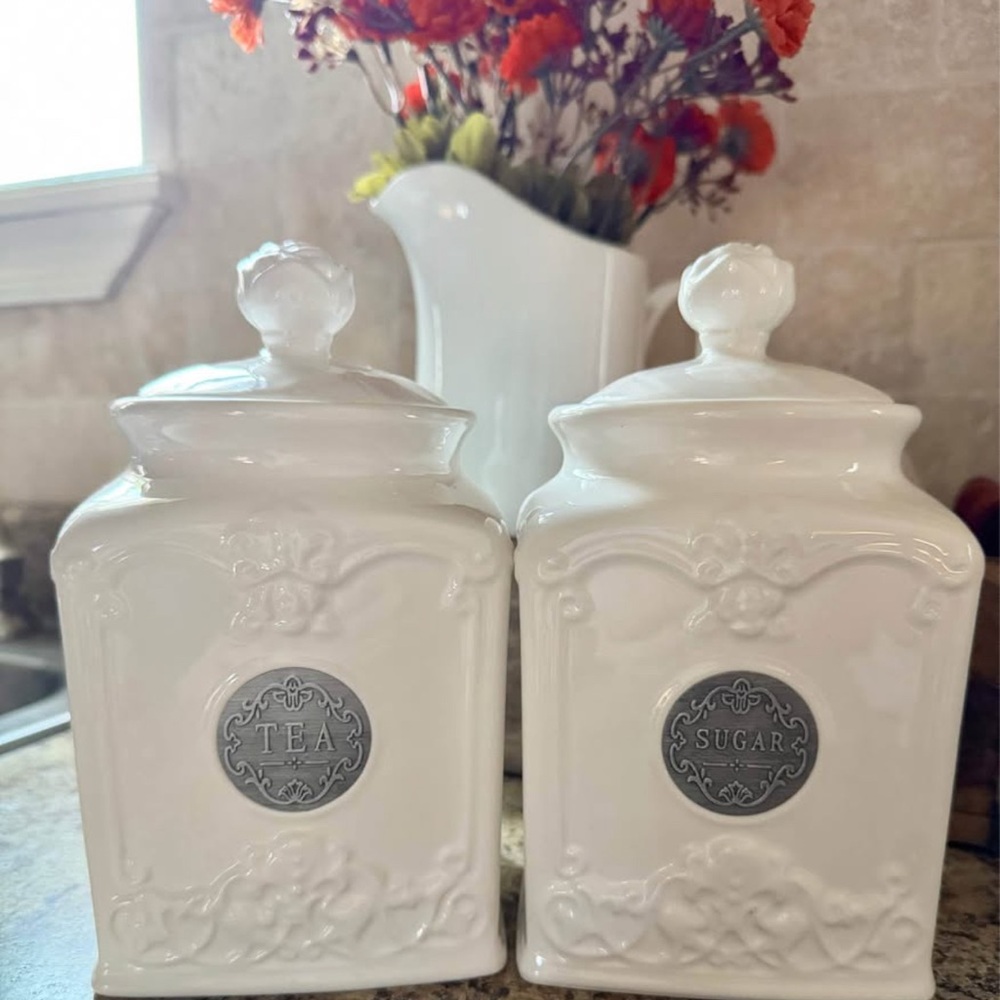 White Ceramic Tea and Sugar Canisters